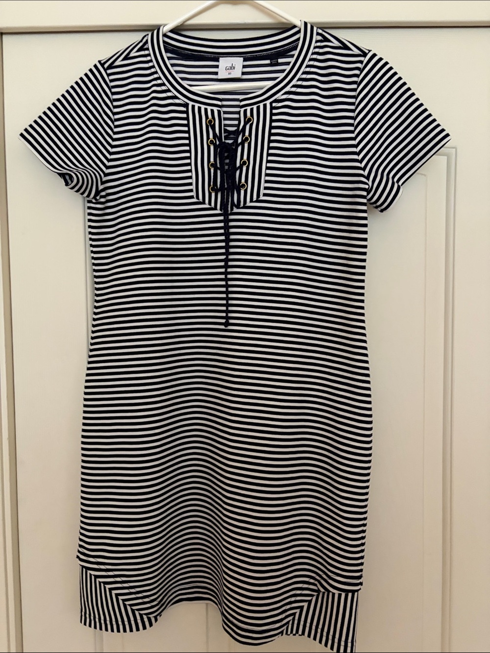 CAbi Black & White Lace-Up Striped Mini Dress